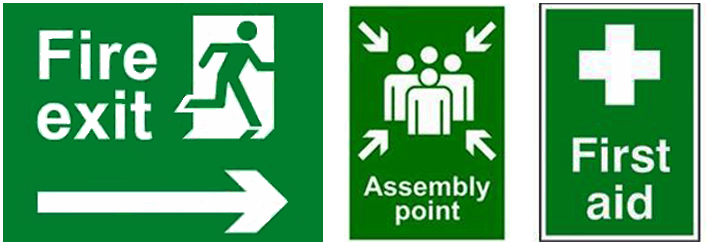 fire exit; assembly point; first aid signage