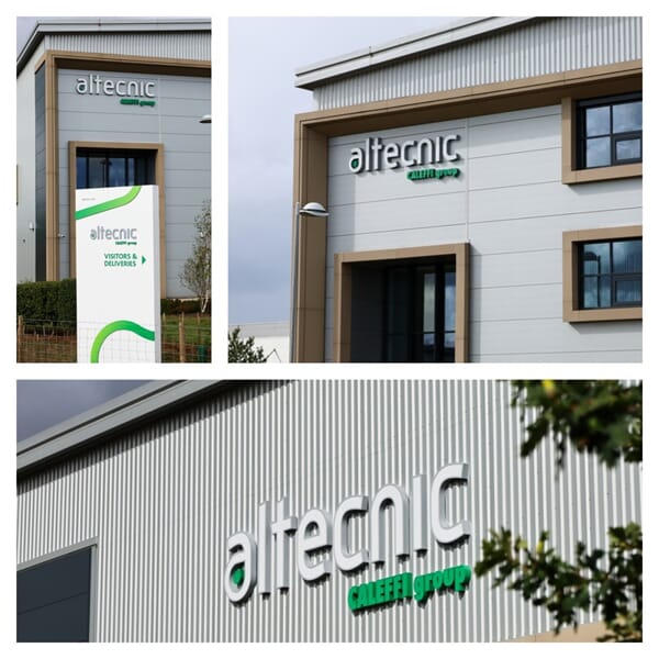 A collage of the Altecnic exterior dimensional lettering and wayfinding signage.