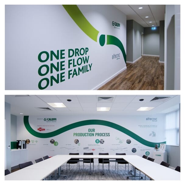 A collage of the vibrant green wall graphics, which say, "One drop. One flow. One family."