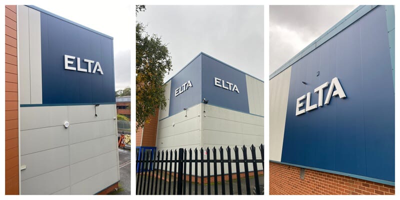 A collage of the Elta exterior lettering and signage during the day.