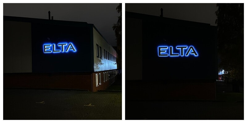 A collage of the lit up exterior Elta signage in the dark.