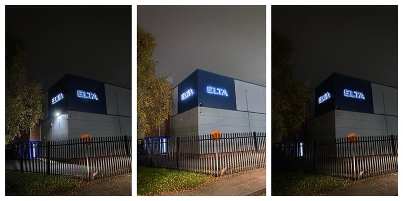 A collage of the Elta exterior building signage at night in different lighting.