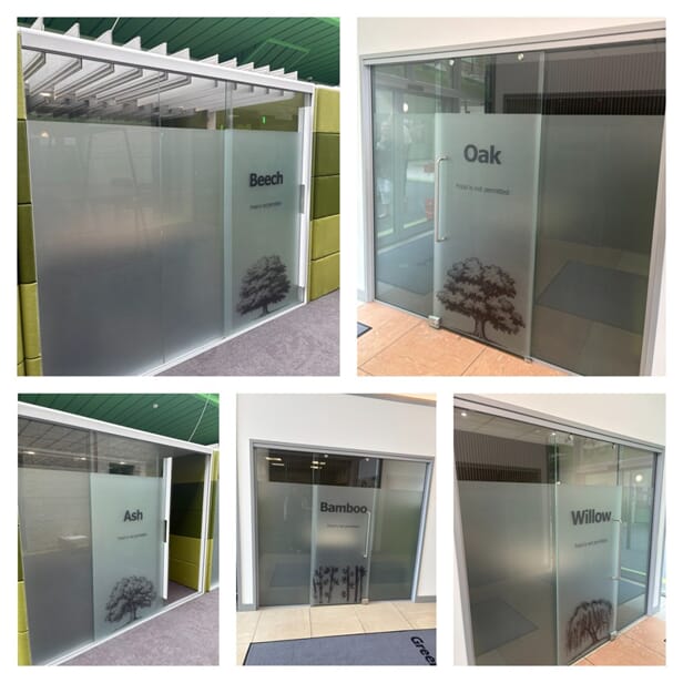 A collage of the different offices and they frosted window and door graphics labeled by types of wood, such as Beech, Oak, Ash, Bamboo, and Willow.