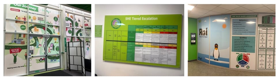 A collage of the interior wall vinyls and signage.