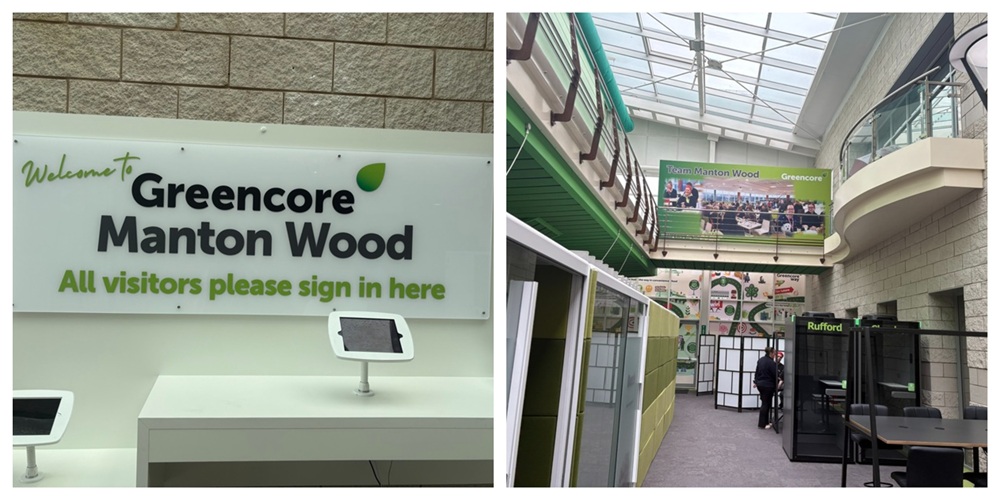 A collage of the Greencore Manton Wood reception signage, and the foyer signage and branding.