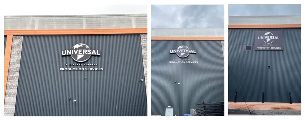 A collage of the Universal exterior signage along the dark blue building.