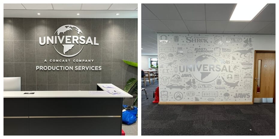 A collage of the Universal interior reception signage and wall graphics.
