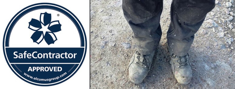 safe contractor badge and a worker's shoes