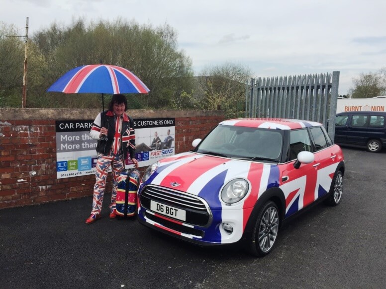 Man with car wrap in UK flags