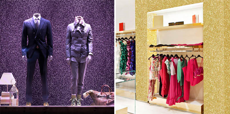 Walls with glitter in clothing store