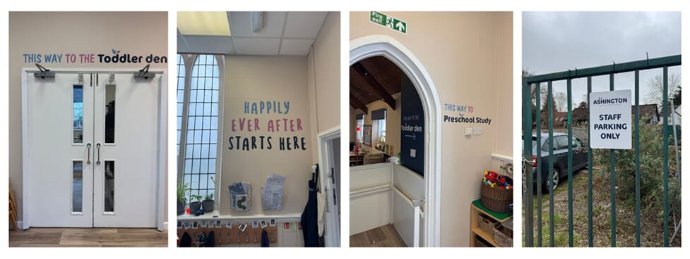 A collage of Ashington wall graphics above doors, next to entry ways, and on the exterior gate.